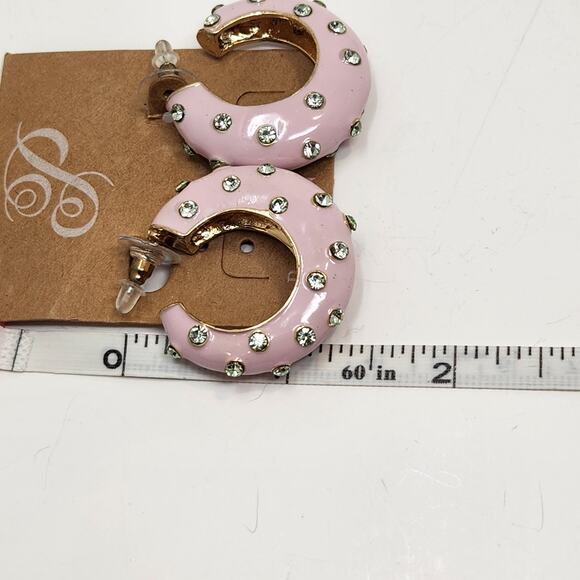 Plunder Design Pink Enamel Rhinestone Hoop Earrings Chunky Post Fashion Jewelry - Picture 5 of 5